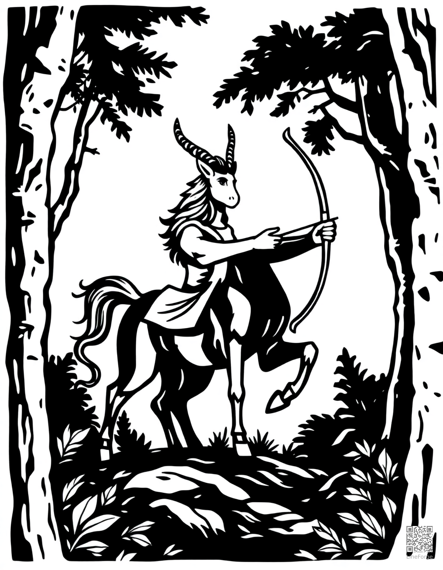 centaur teaching archery in a forest coloring page Woodcut style - free printable