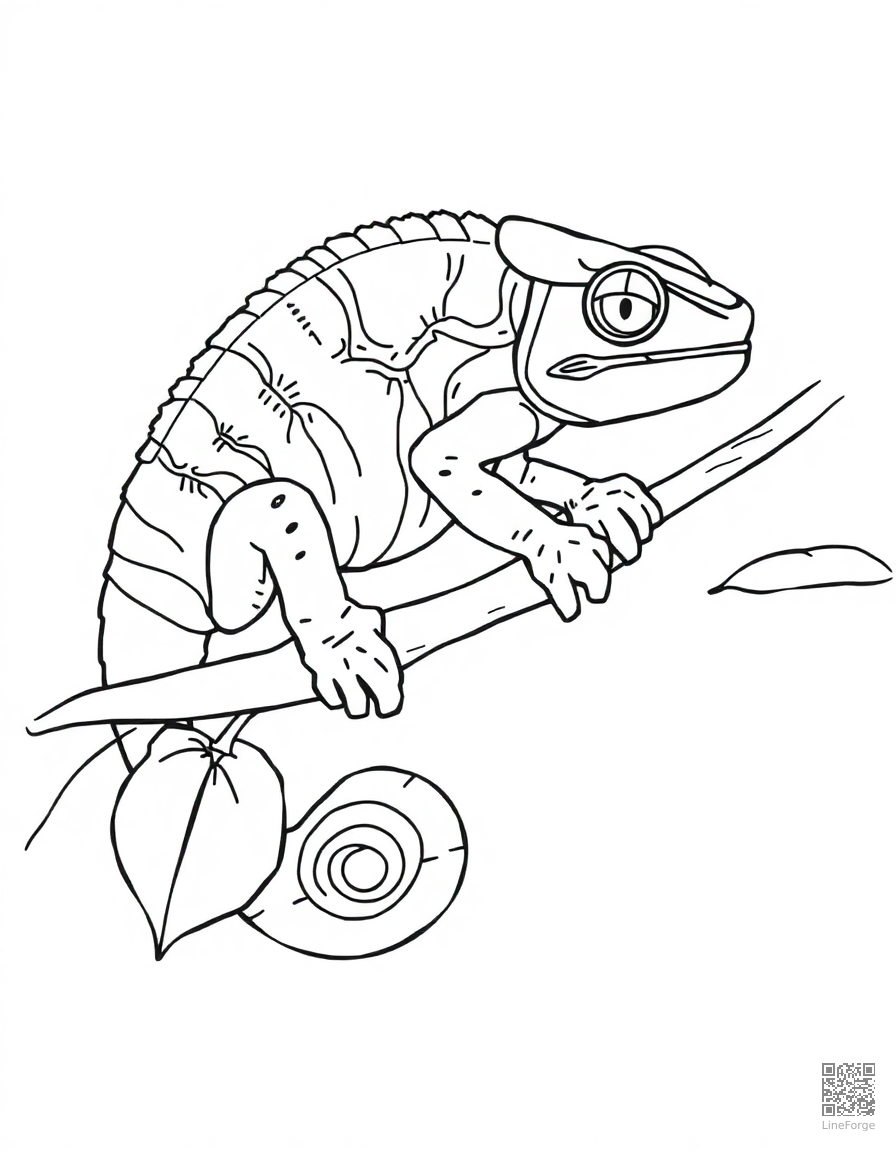 Free chameleon changing colors on a branch coloring page in contour style — printable line art