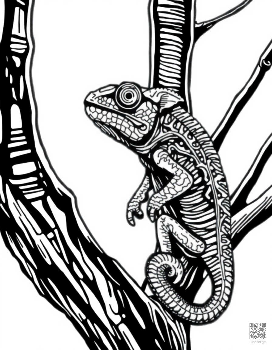 Free chameleon changing colors on a branch coloring page in crosshatch style — printable line art