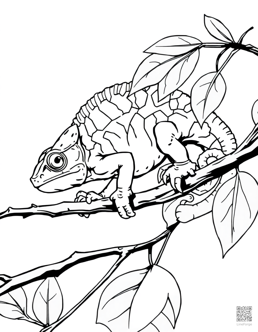 Free chameleon changing colors on a branch coloring page in manga style — printable line art