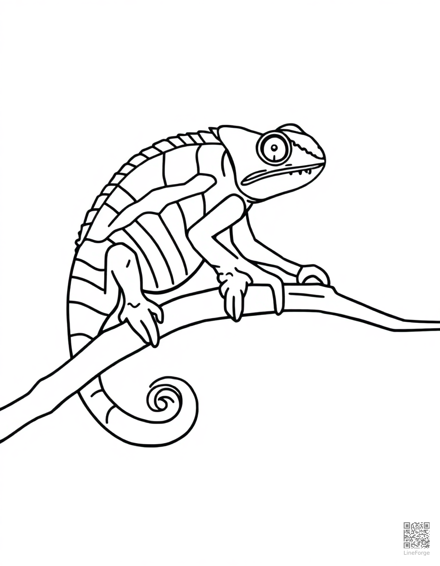 Free chameleon changing colors on a branch coloring page in minimal style — printable line art