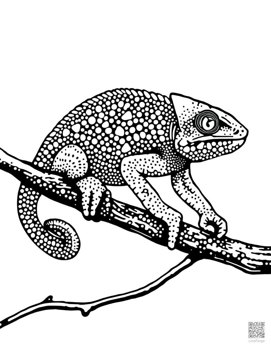 chameleon changing colors on a branch coloring page Stipple style free printable
