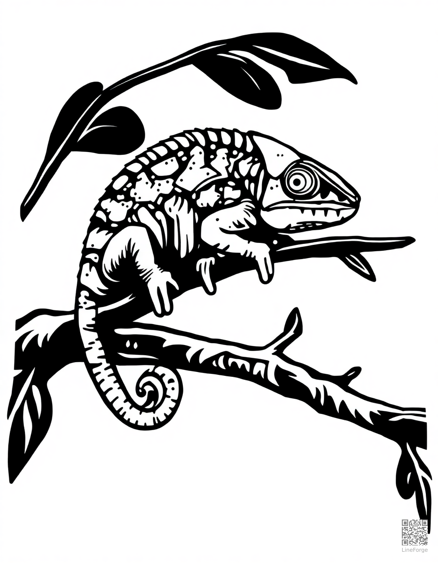 Free chameleon changing colors on a branch coloring page in woodcut style — printable line art