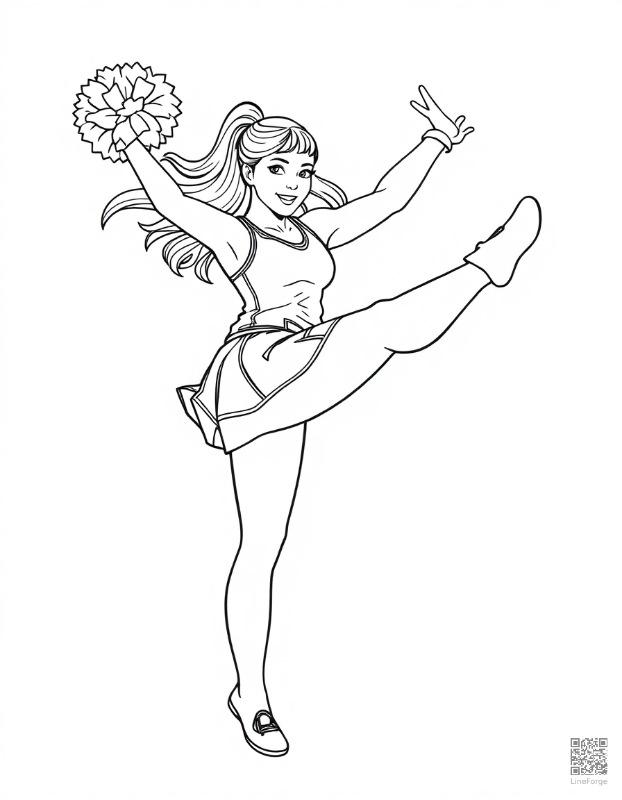 Free cheerleader doing a high kick coloring page in contour style — printable line art