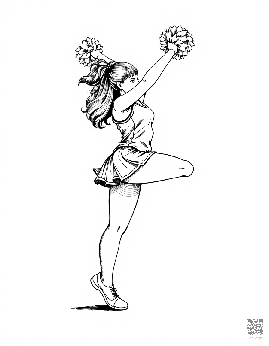 Free cheerleader doing a high kick coloring page in crosshatch style — printable line art