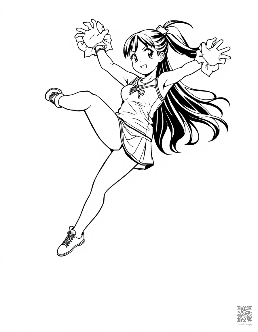 Free cheerleader doing a high kick coloring page in manga style — printable line art