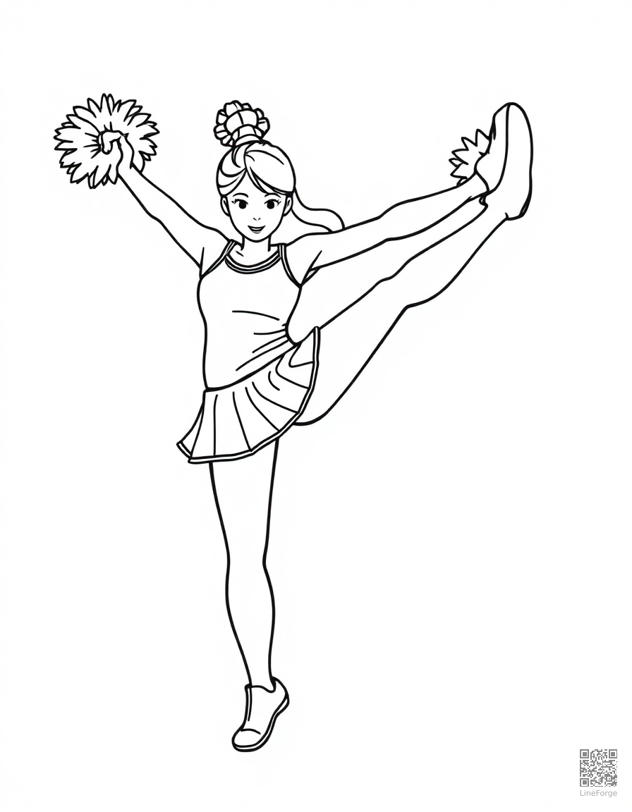 Free cheerleader doing a high kick coloring page in minimal style — printable line art