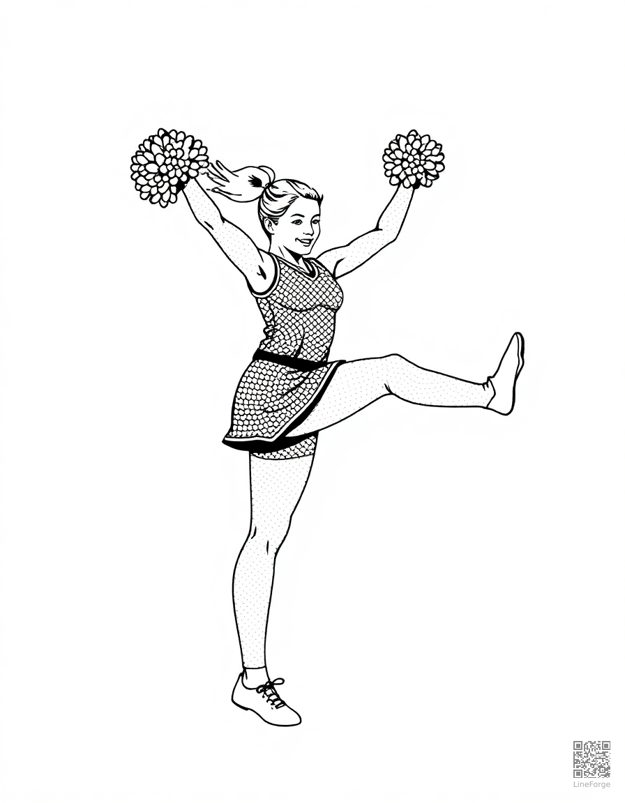 Free cheerleader doing a high kick coloring page in stipple style — printable line art