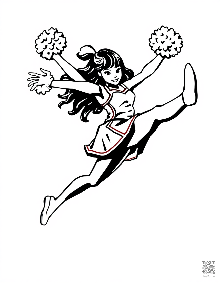 Free cheerleader doing a high kick coloring page in woodcut style — printable line art