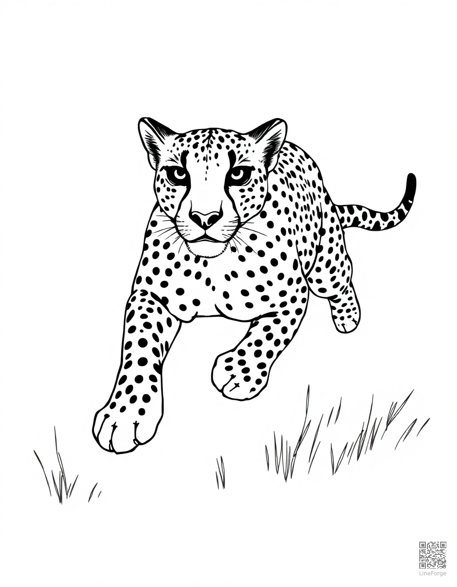 cheetah sprinting across the savanna coloring page Crosshatch style - free printable