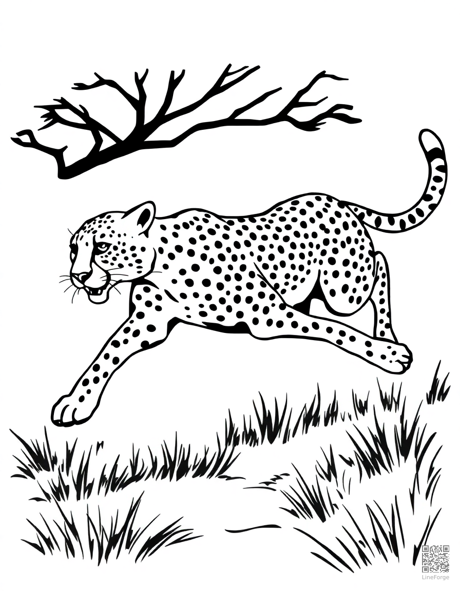 cheetah sprinting across the savanna coloring page Woodcut style - free printable