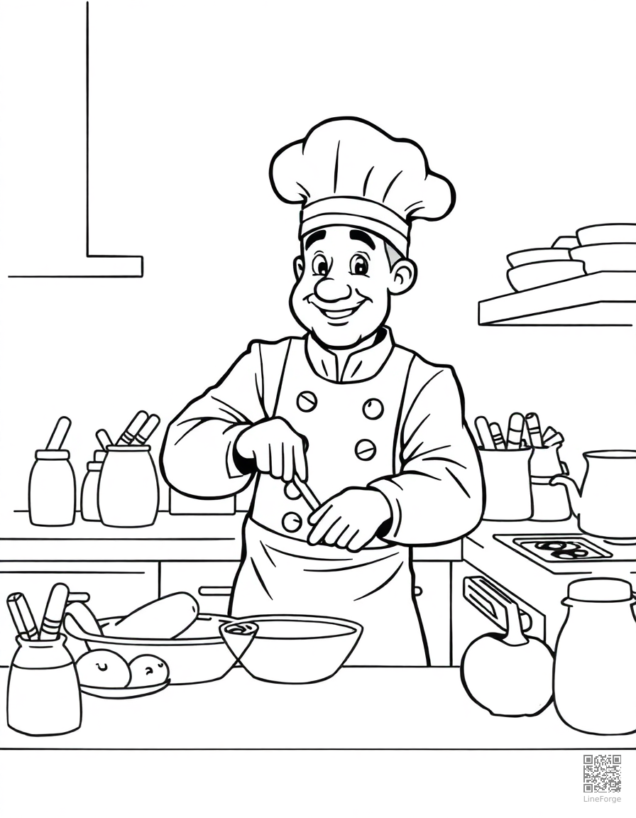 Chef cooking in a kitchen coloring page Contour style - free printable