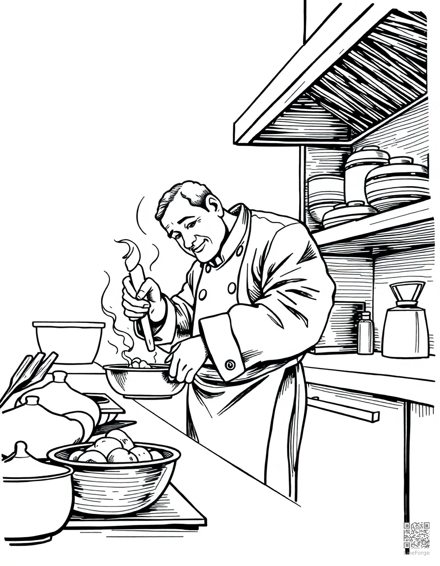 Chef cooking in a kitchen coloring page Crosshatch style - free printable