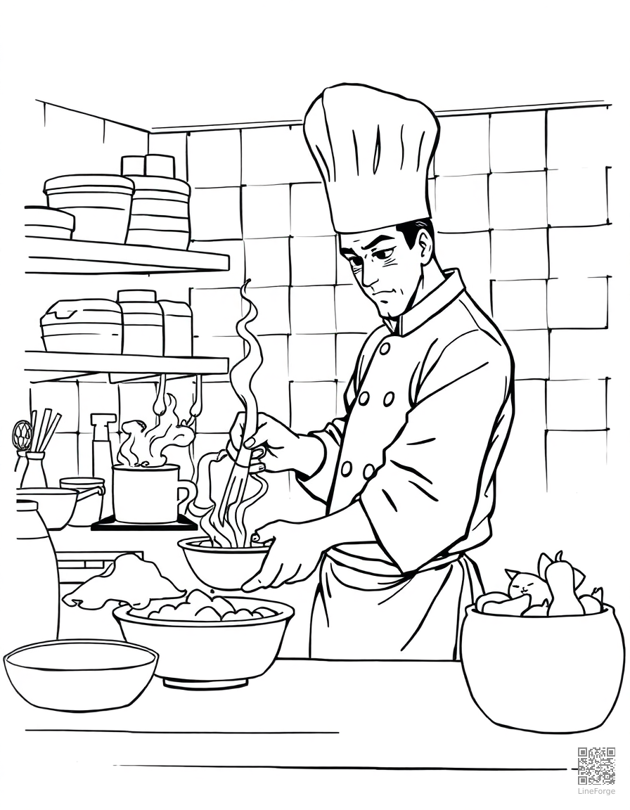 Chef cooking in a kitchen coloring page Manga style - free printable