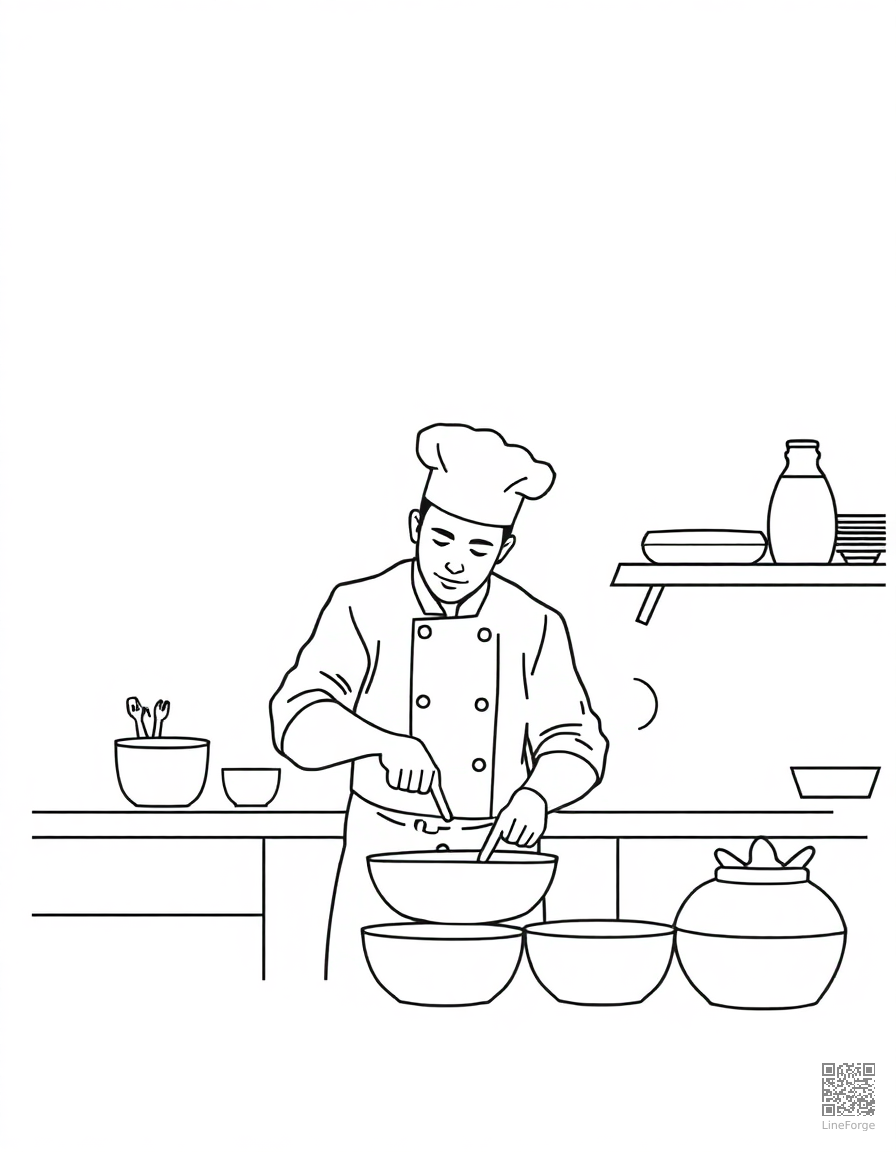Chef cooking in a kitchen coloring page Minimal style - free printable