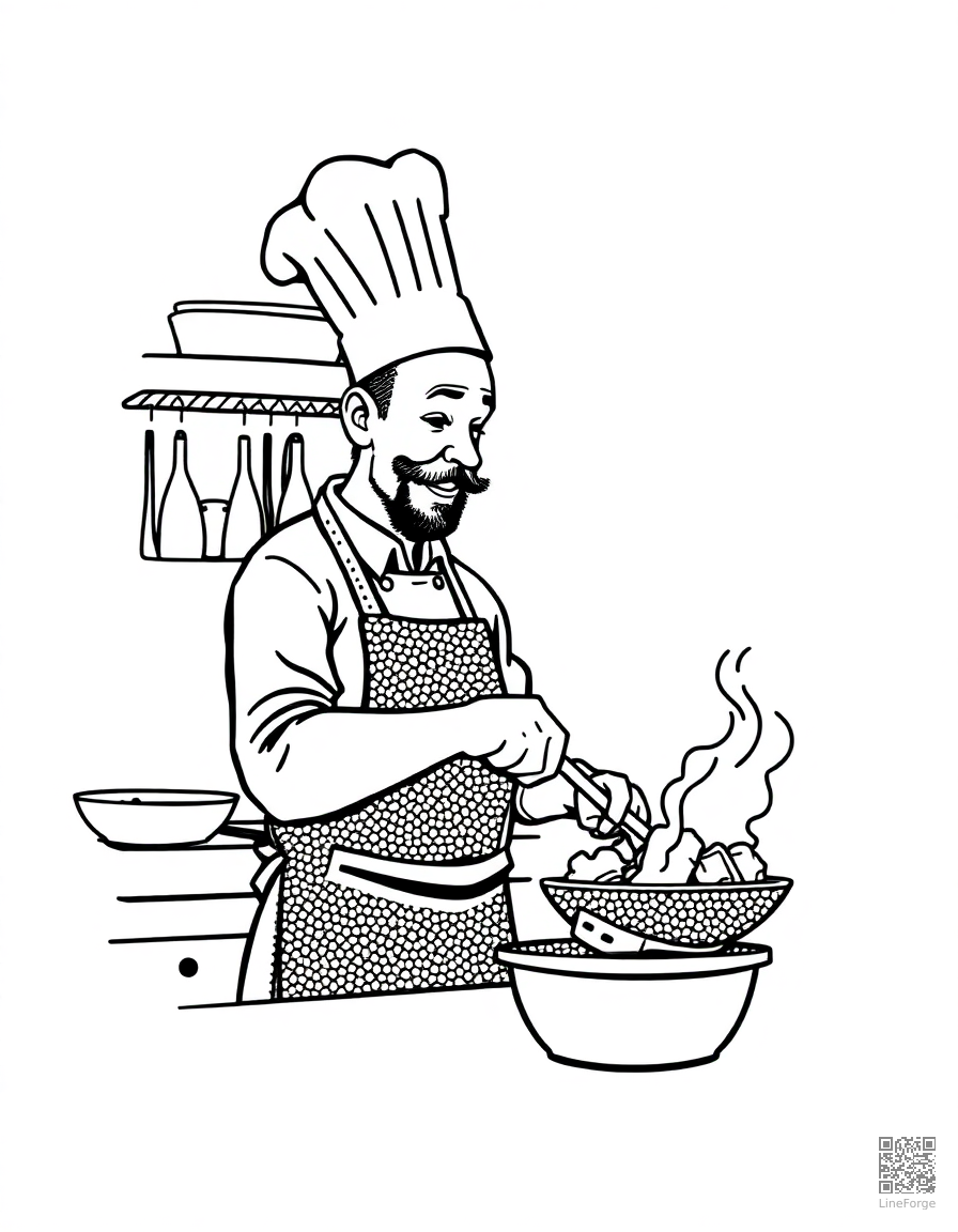 Chef cooking in a kitchen coloring page Stipple style - free printable