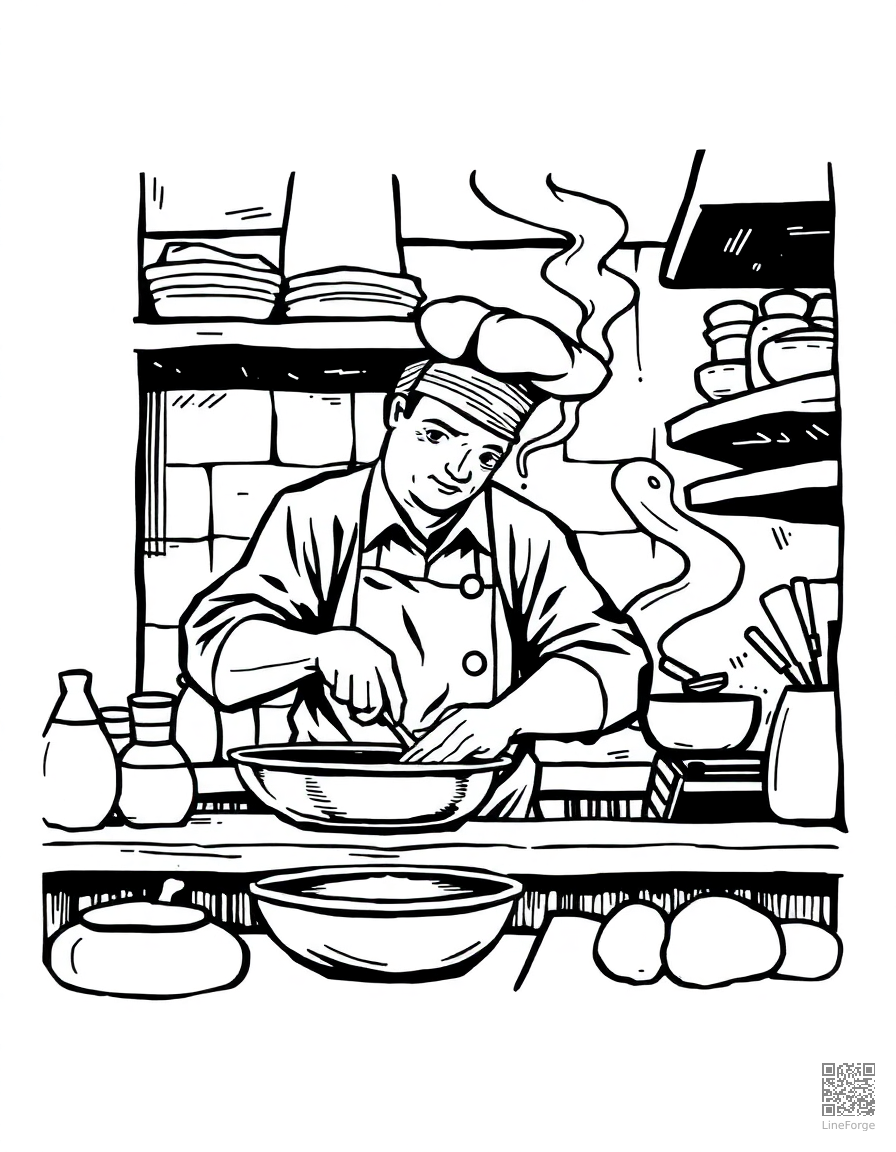 Chef cooking in a kitchen coloring page Woodcut style - free printable