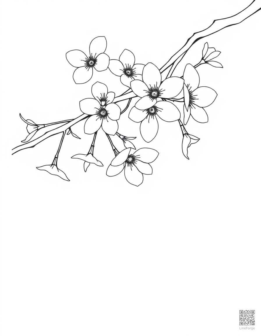 cherry blossom branch with petals falling coloring page Contour style - free printable