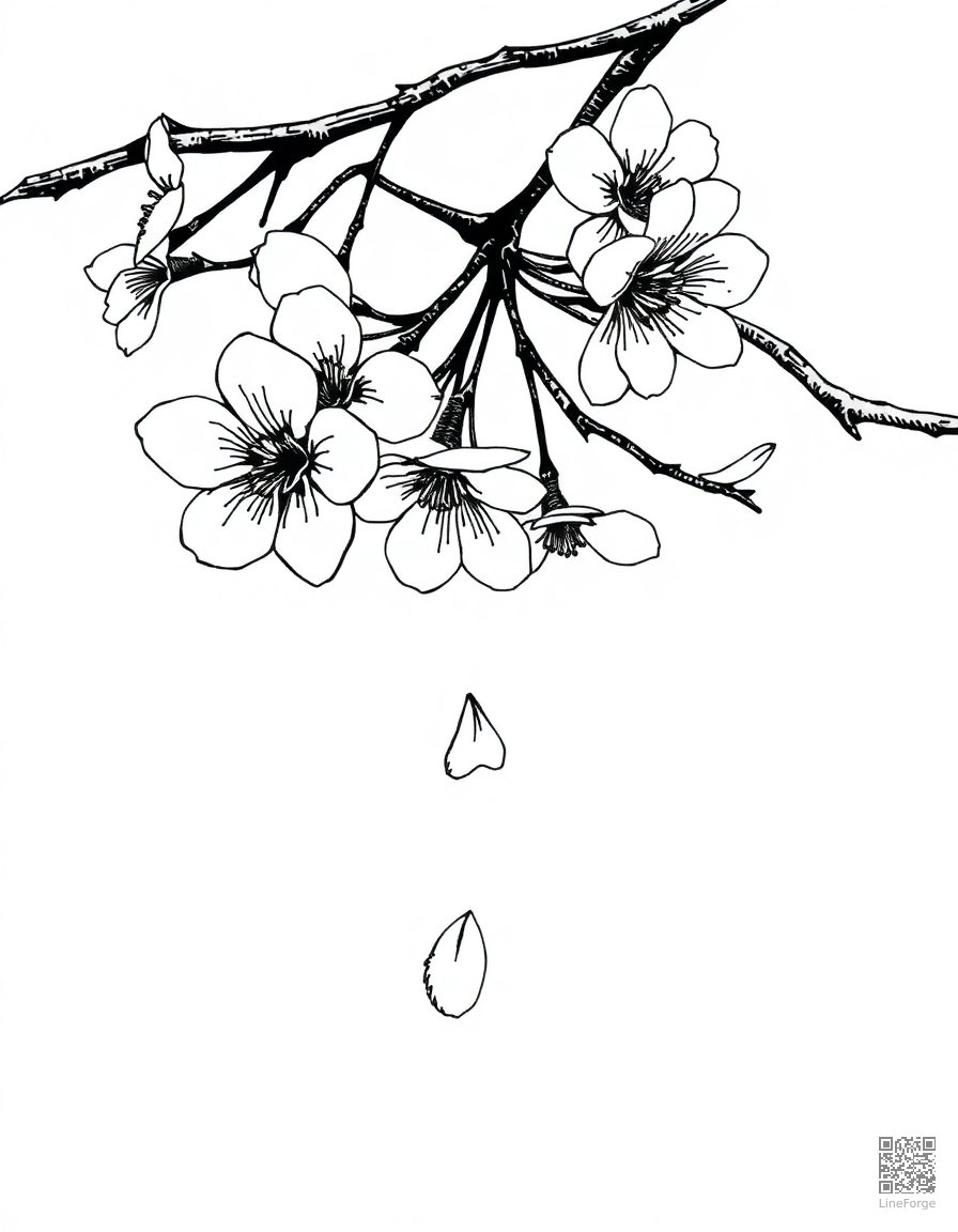cherry blossom branch with petals falling coloring page Crosshatch style - free printable