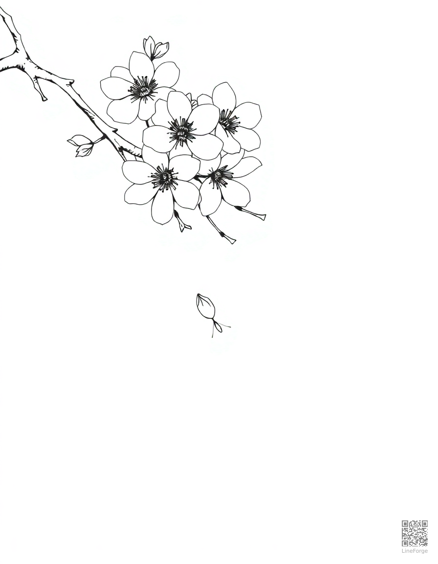 cherry blossom branch with petals falling coloring page Manga style - free printable