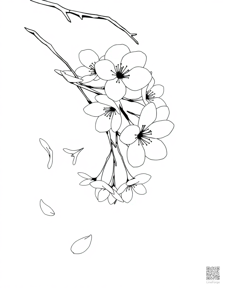 cherry blossom branch with petals falling coloring page Minimal style - free printable