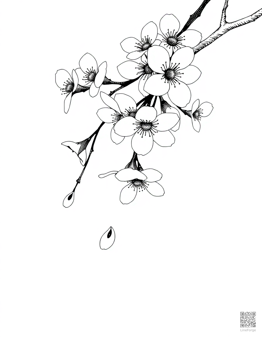 cherry blossom branch with petals falling coloring page Stipple style - free printable