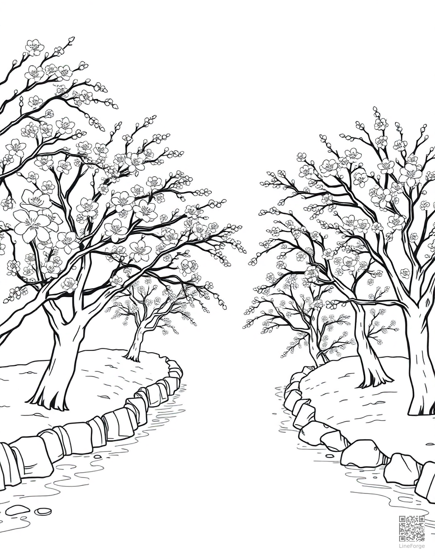 Free cherry blossom trees along a river coloring page in contour style — printable line art