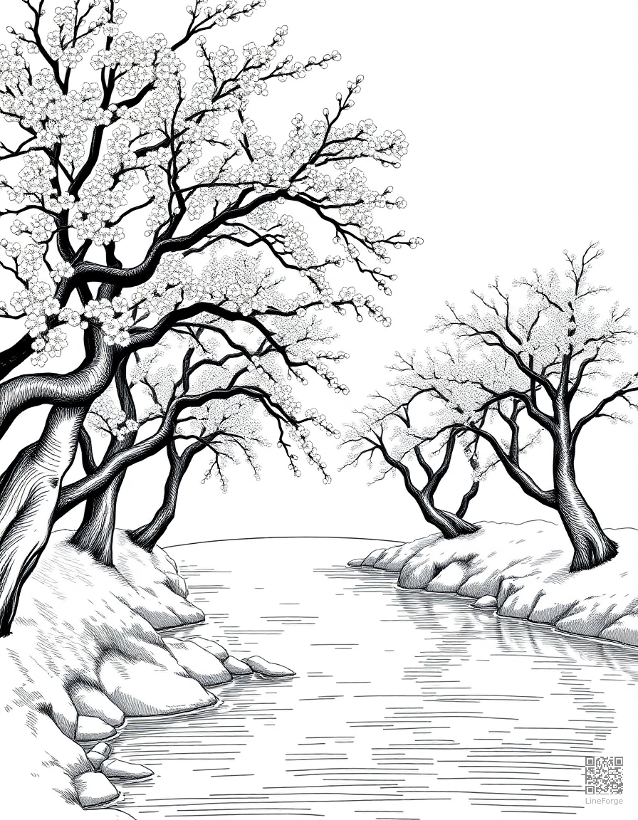 cherry blossom trees along a river coloring page Crosshatch style free printable