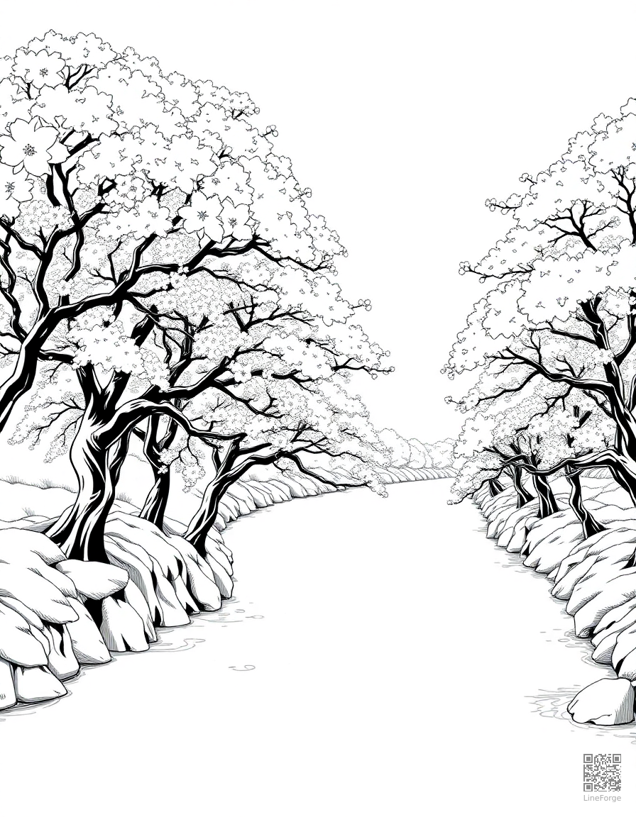 Free cherry blossom trees along a river coloring page in manga style — printable line art
