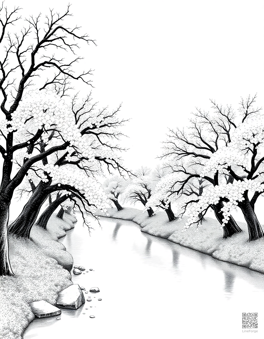 cherry blossom trees along a river coloring page Stipple style free printable