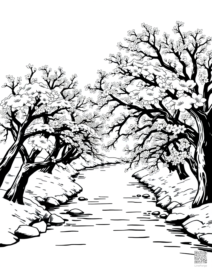 cherry blossom trees along a river coloring page Woodcut style free printable