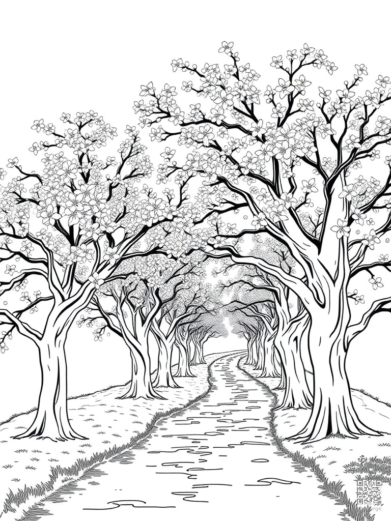 Cherry blossom trees in full bloom along a path coloring page Contour style - free printable