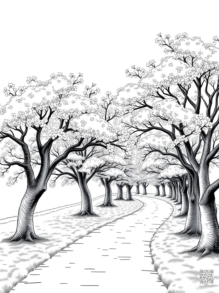 Cherry blossom trees in full bloom along a path coloring page Crosshatch style - free printable