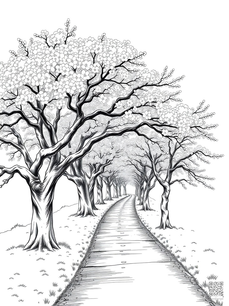 Cherry blossom trees in full bloom along a path coloring page Manga style - free printable