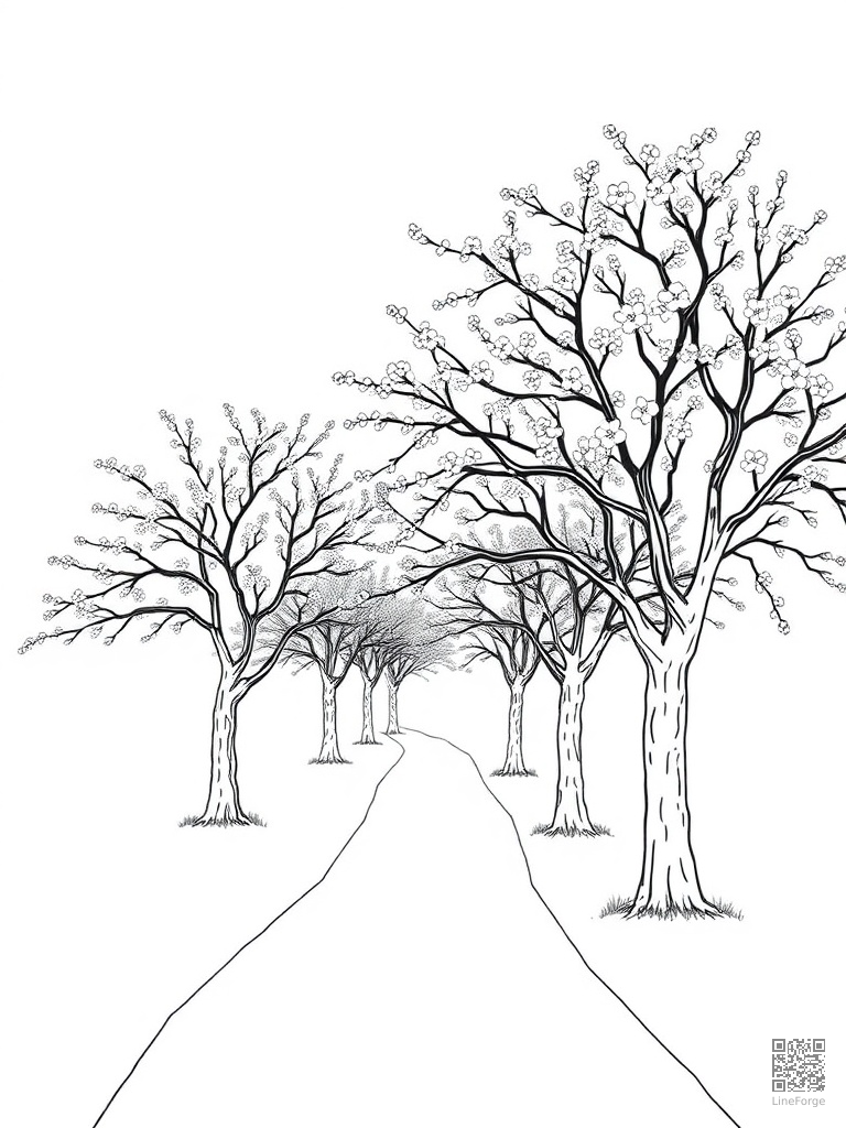 Cherry blossom trees in full bloom along a path coloring page Minimal style - free printable