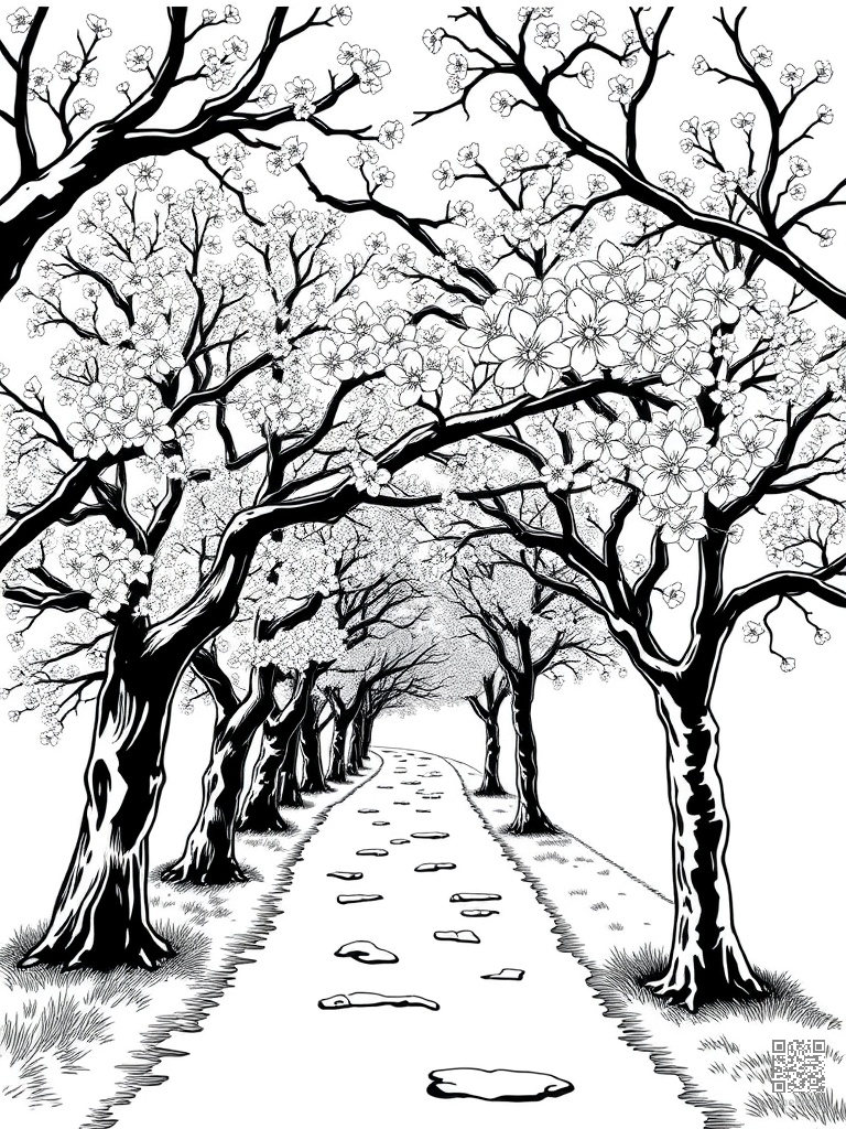 Cherry blossom trees in full bloom along a path coloring page Woodcut style - free printable