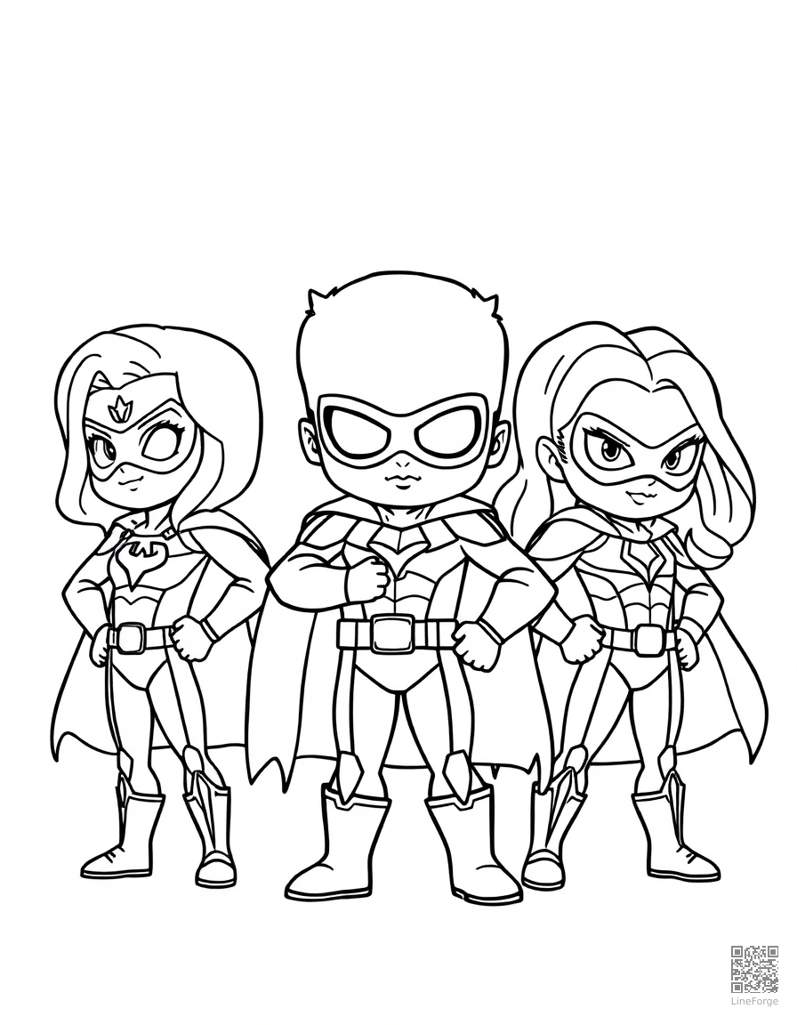 chibi style superhero team coloring page Contour style - free printable