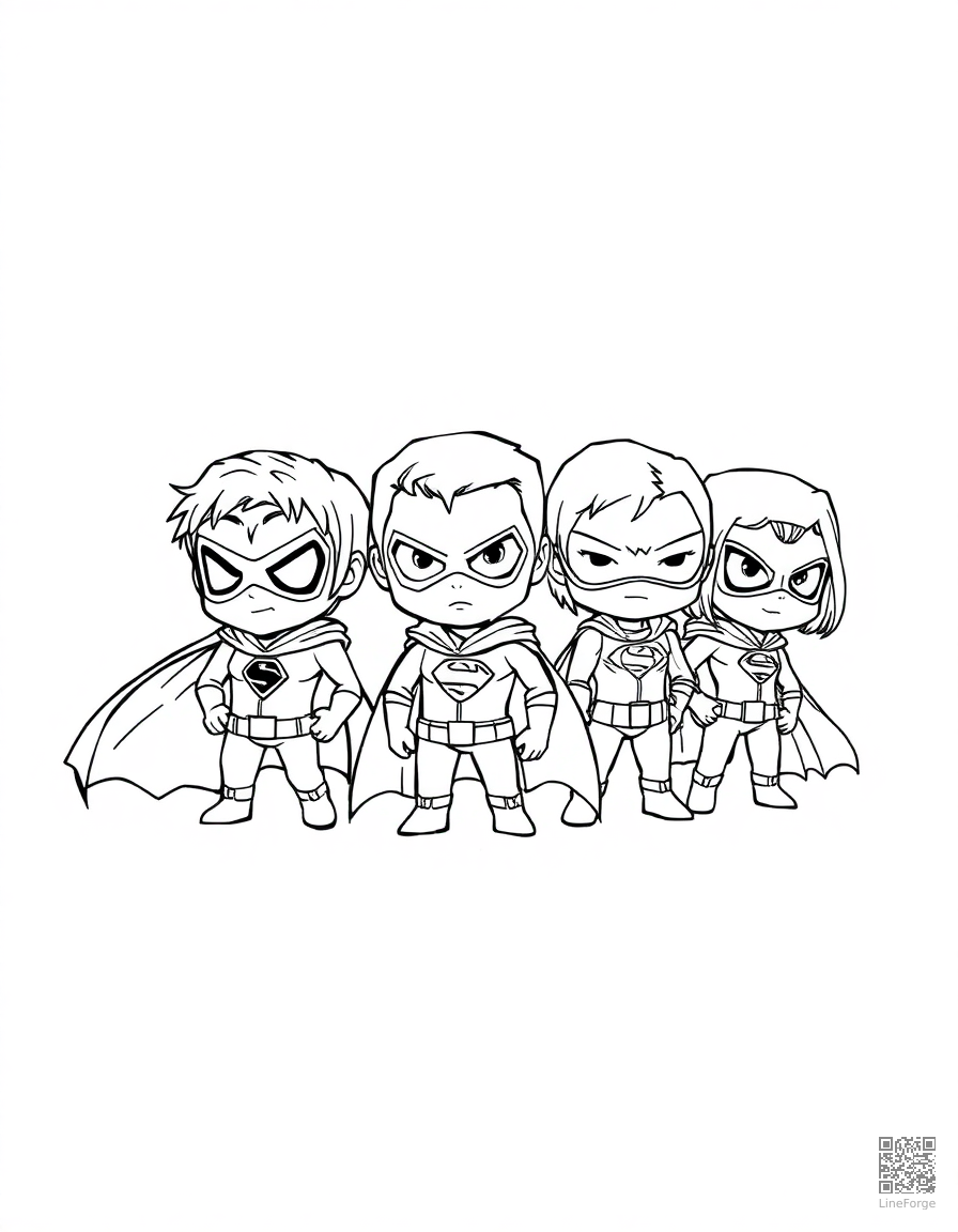 chibi style superhero team coloring page Crosshatch style - free printable