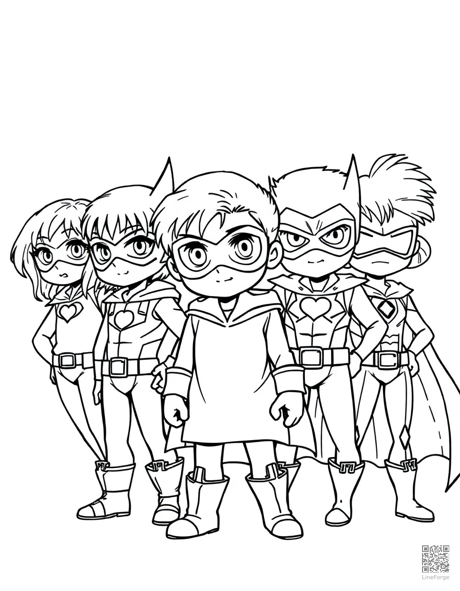 chibi style superhero team coloring page Manga style - free printable
