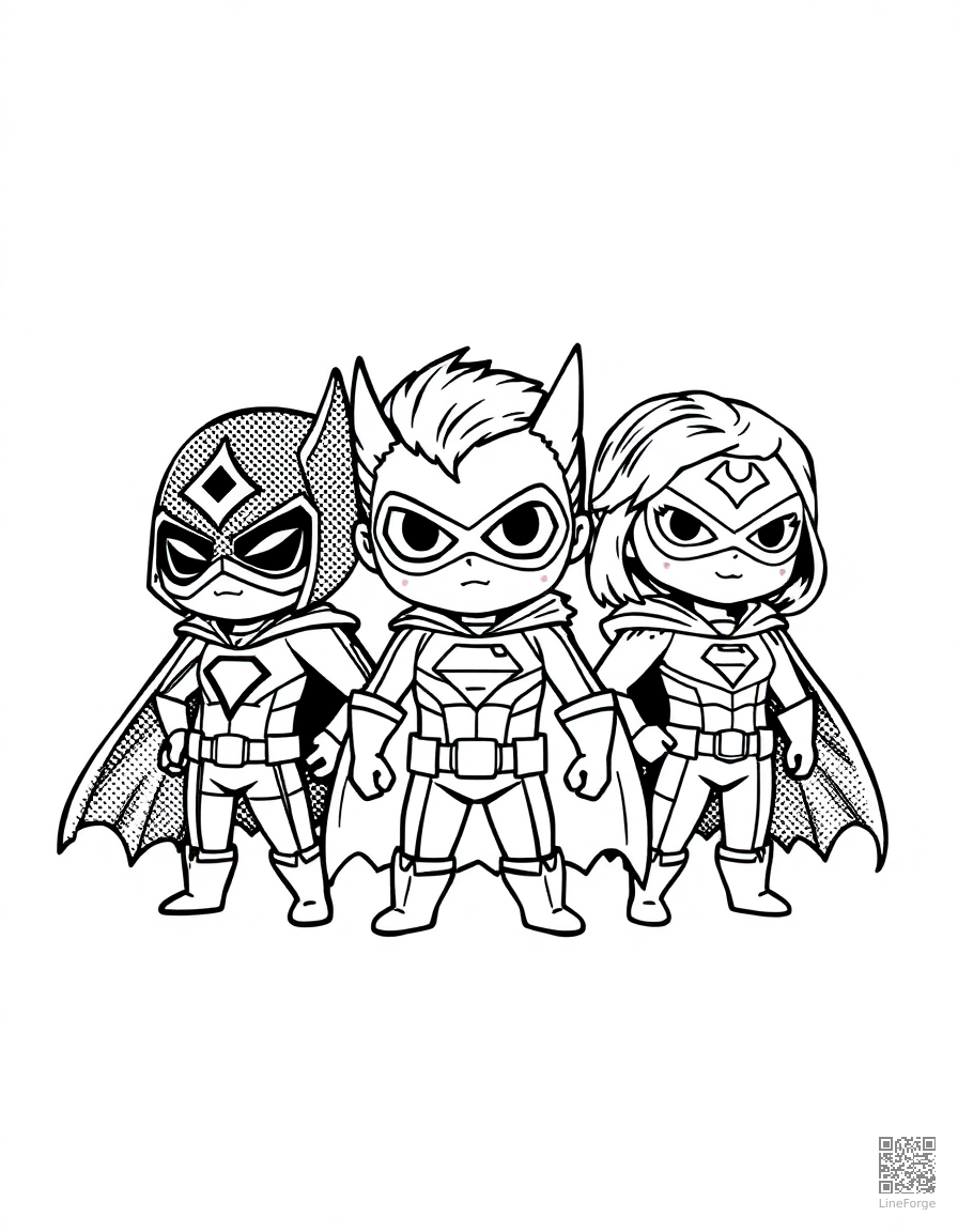 chibi style superhero team coloring page Stipple style - free printable