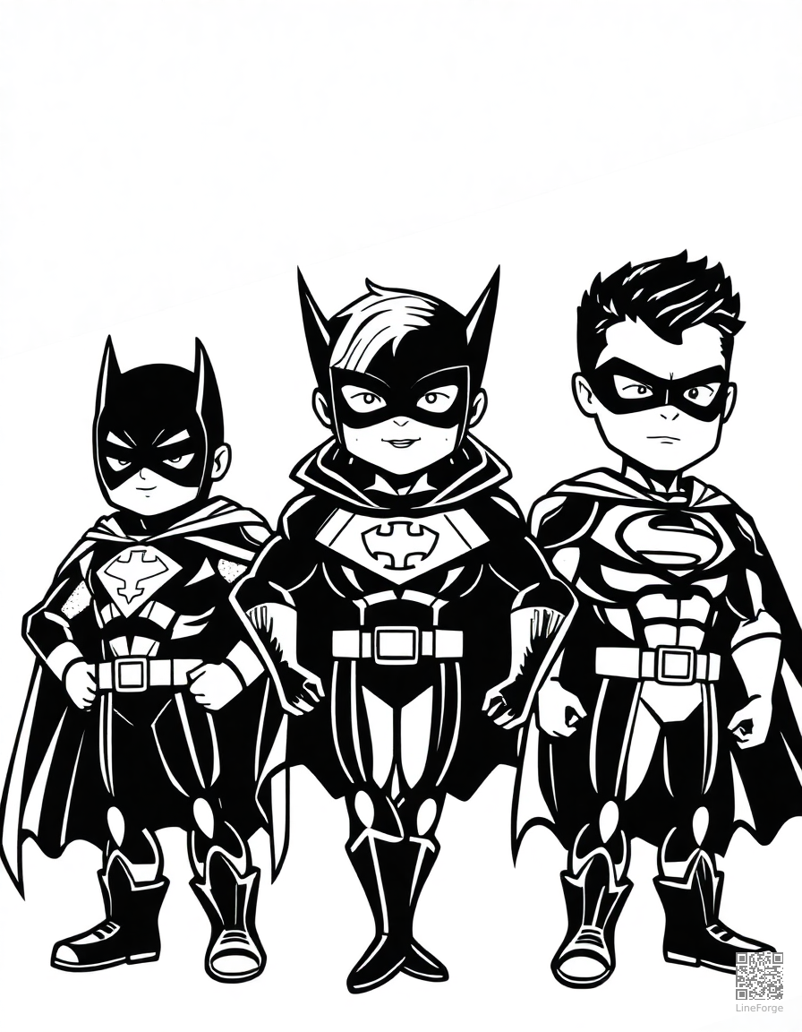 chibi style superhero team coloring page Woodcut style - free printable