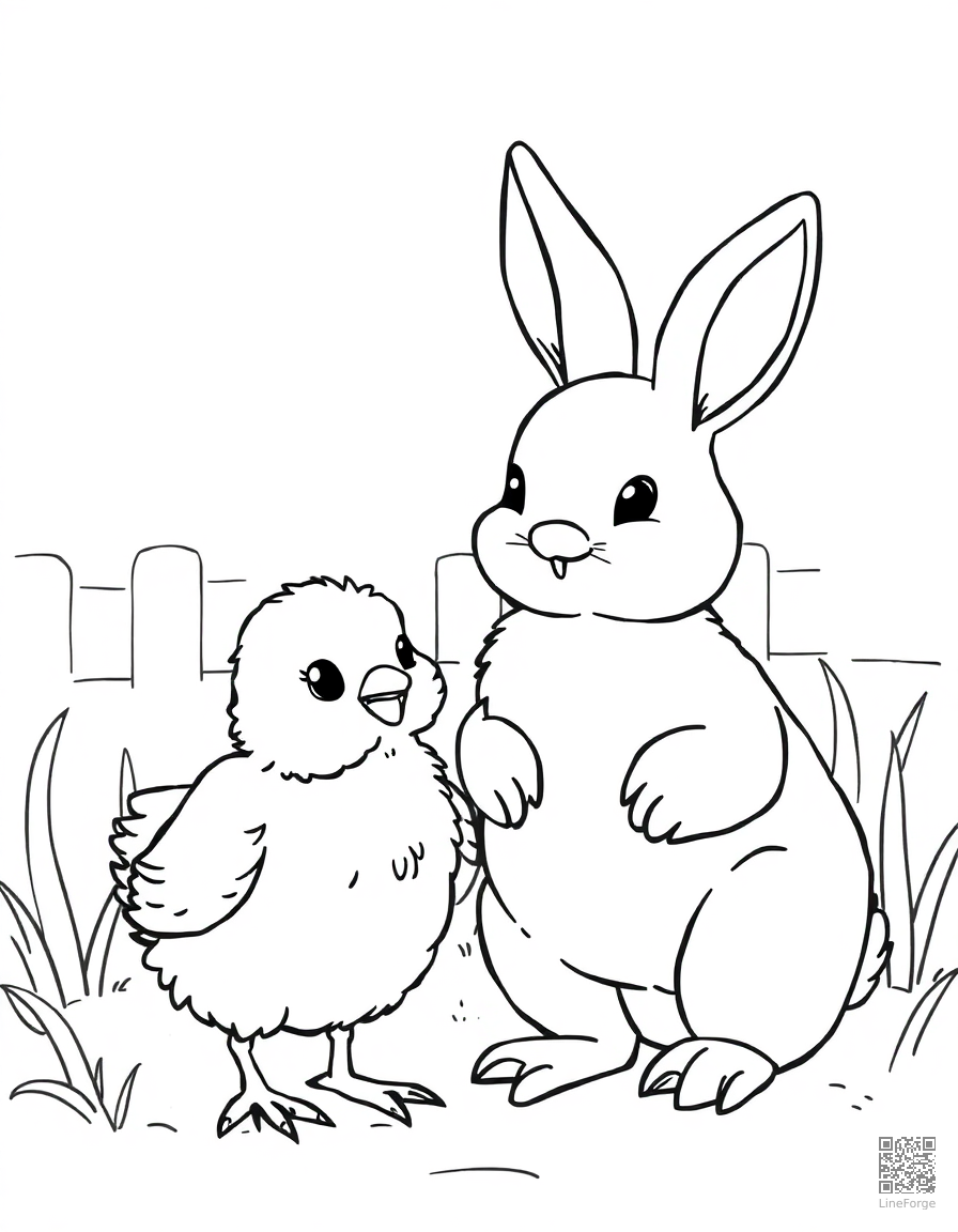 chick and bunny as friends on a farm coloring page Contour style - free printable