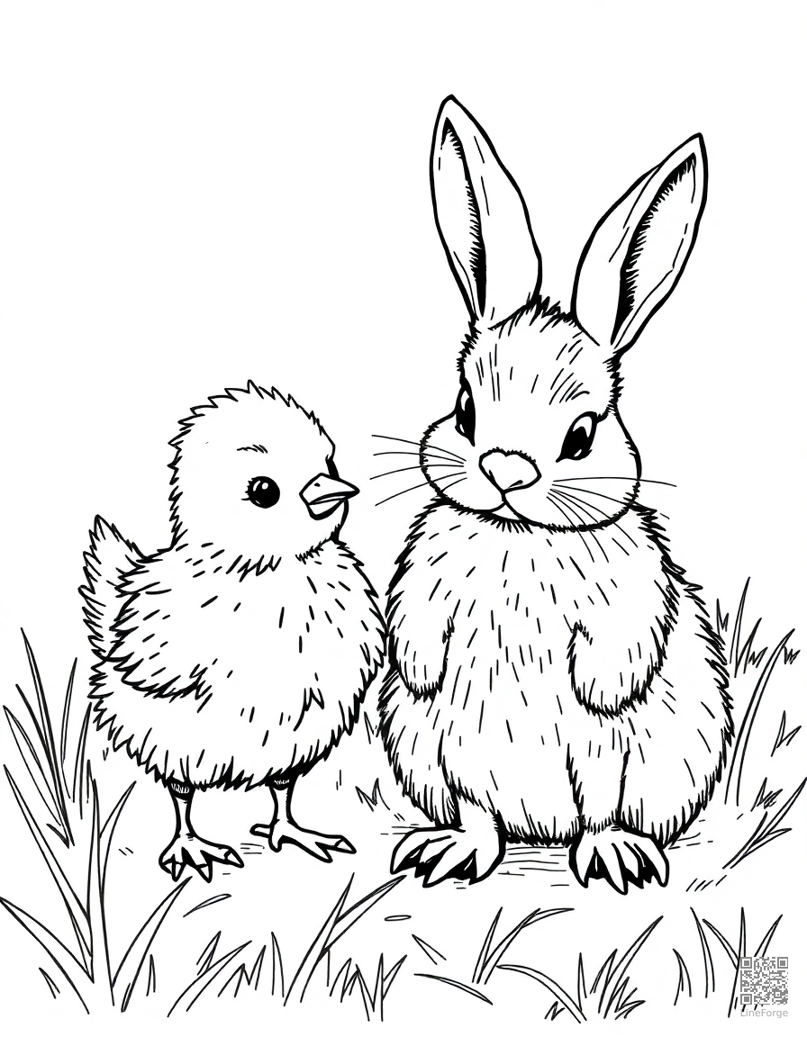 chick and bunny as friends on a farm coloring page Crosshatch style - free printable