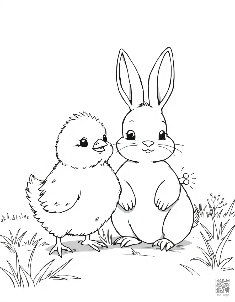 chick and bunny as friends on a farm coloring page Manga style - free printable