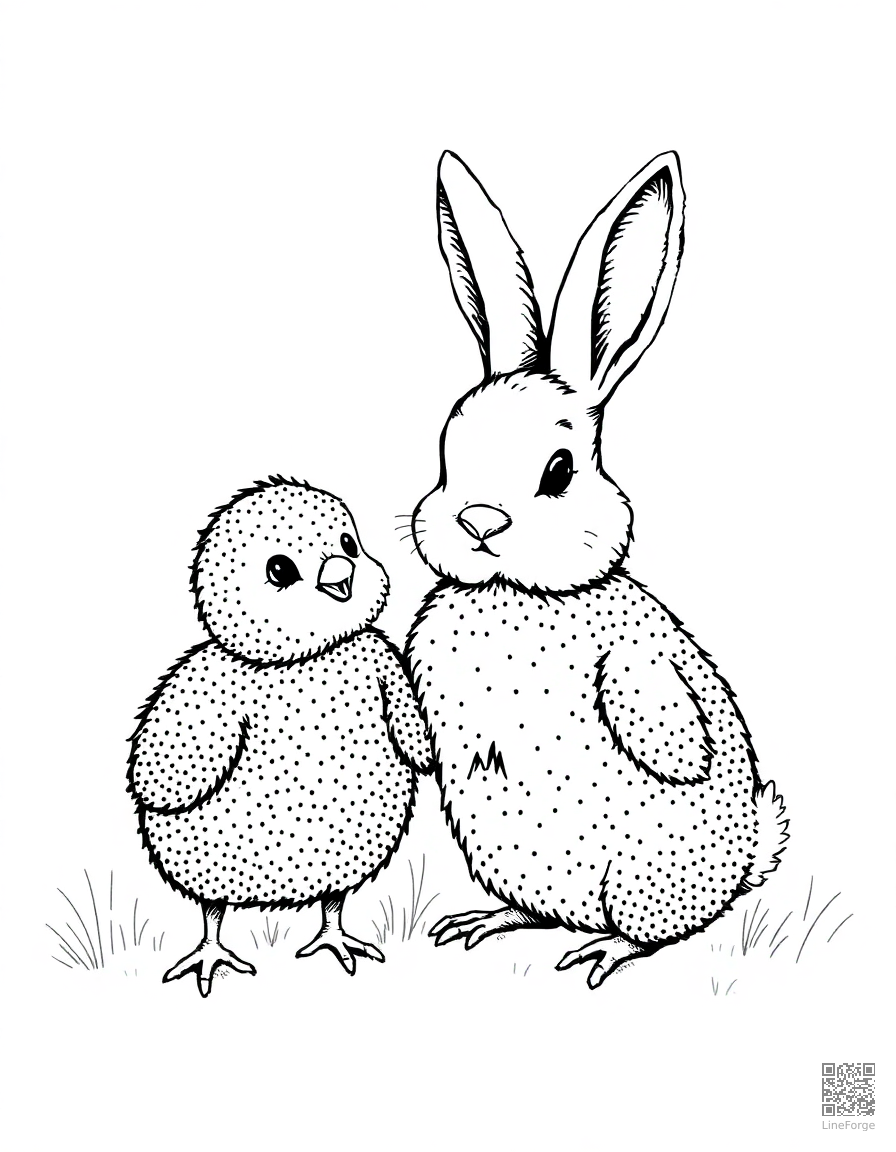 chick and bunny as friends on a farm coloring page Stipple style - free printable