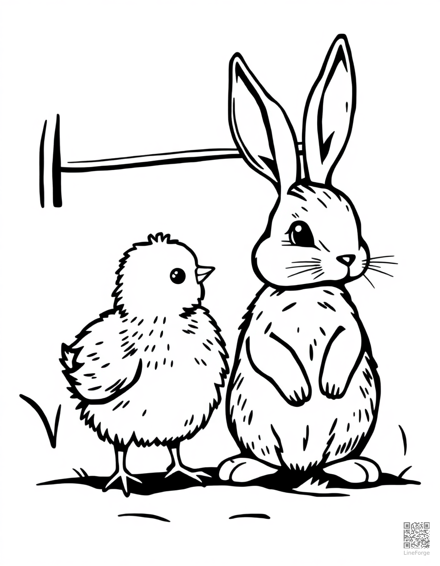 chick and bunny as friends on a farm coloring page Woodcut style - free printable