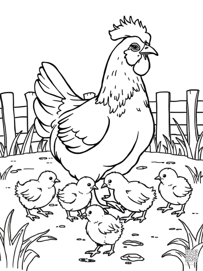 Chicken and baby chicks pecking in a farmyard coloring page Contour style - free printable