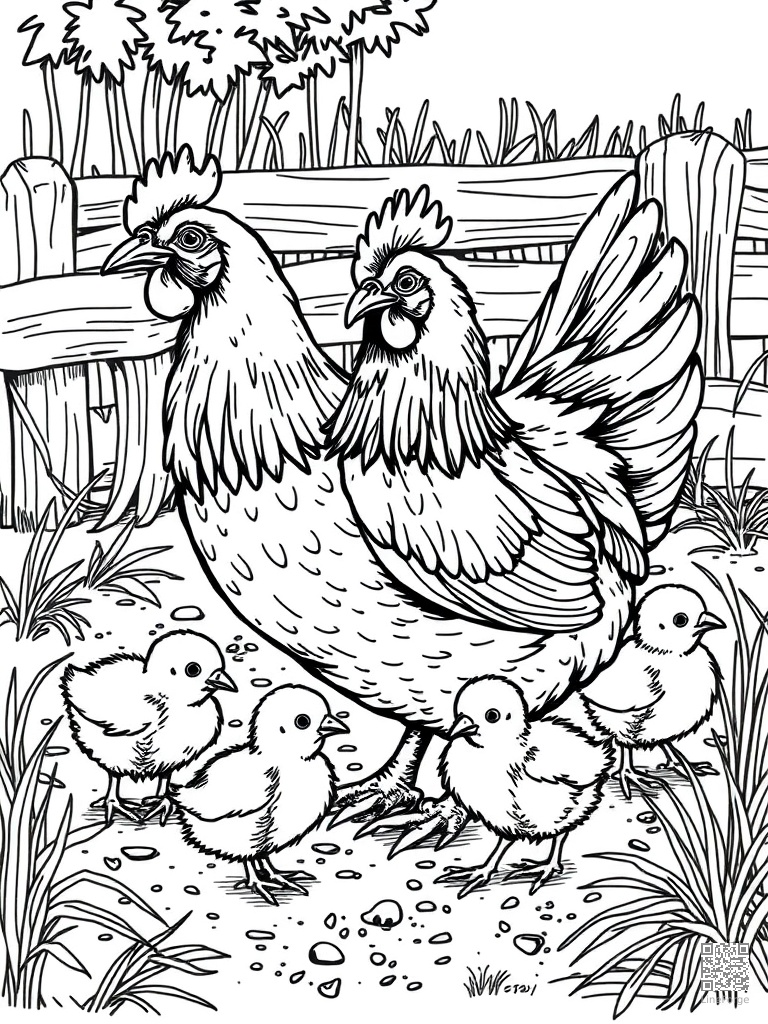 Chicken and baby chicks pecking in a farmyard coloring page Crosshatch style - free printable