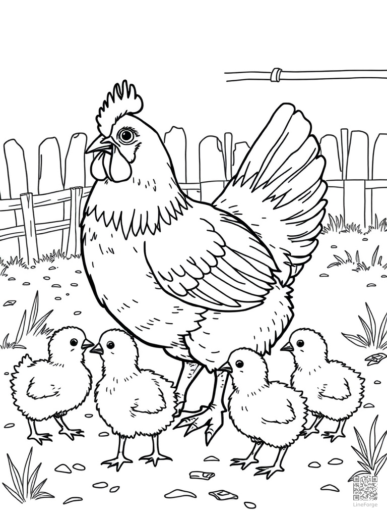 Chicken and baby chicks pecking in a farmyard coloring page Manga style - free printable