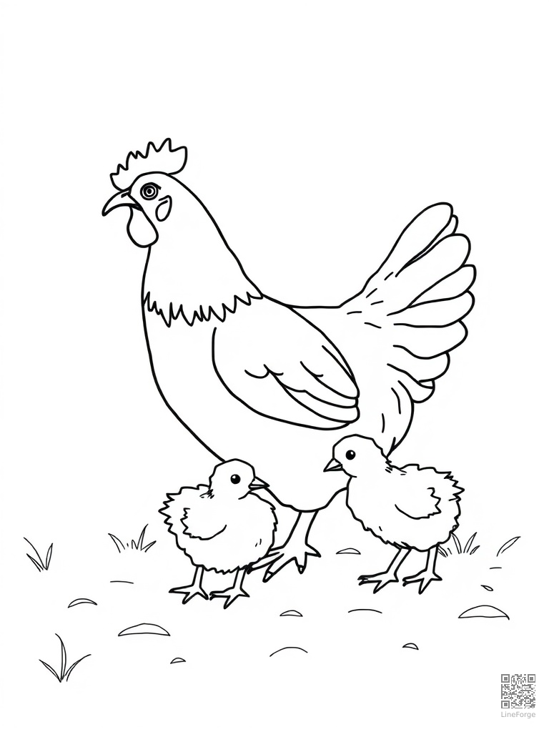 Chicken and baby chicks pecking in a farmyard coloring page Minimal style - free printable